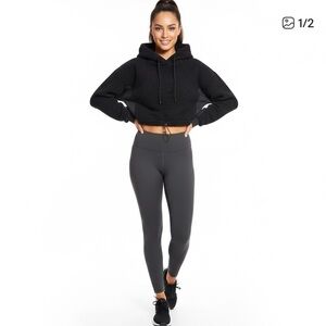 NWT Mono B Black Cropped Multi-Textured Fleece Pullover Hoodie